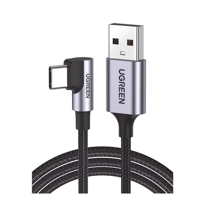 Cable USB-A a USB-C / Conector con Ángulo Recto de 90° / 1 Metro / Carcasa de Aluminio / Nylon Trenzado / Transferencia de Datos Hasta 480 Mbps / Soporta Carga Rápida de hasta 60W