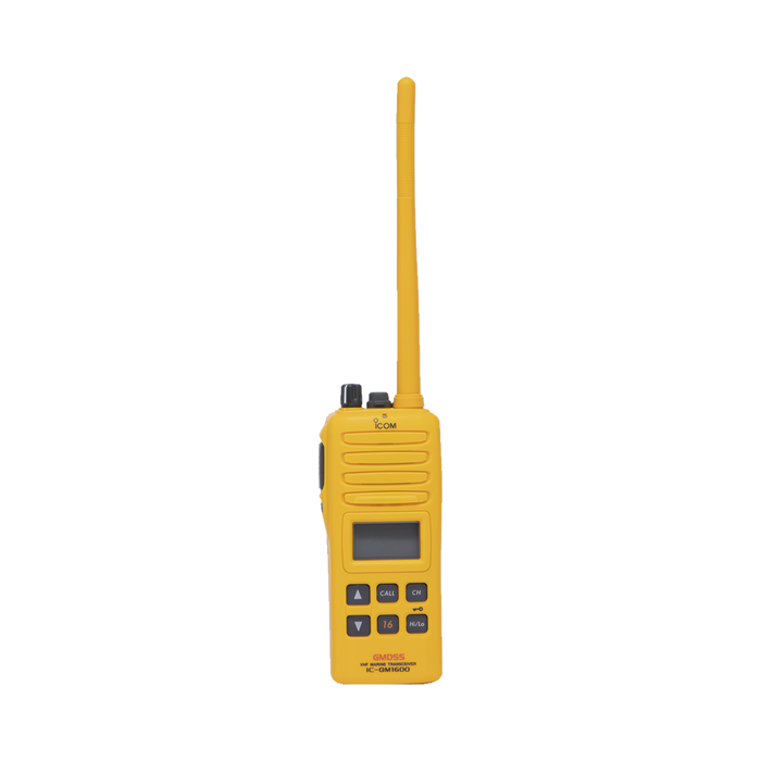 Radio Portátil Marino, 2W, cumple con las regulaciones GMDSS, Tx:156.025-157.425MHz, Rx:156.050-163.275MHz, sumergible IPX7 incluye: antena, batería, cargador y clip