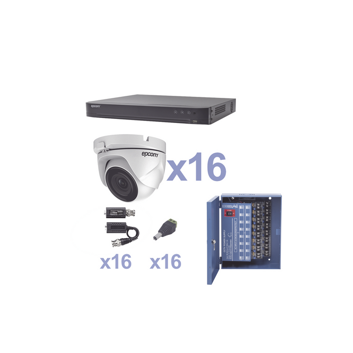 KIT TurboHD 1080p / DVR 16 Canales / 16 Cámaras Eyeball (exterior 2.8 mm) / Transceptores / Conectores / Fuente de Poder Profesional