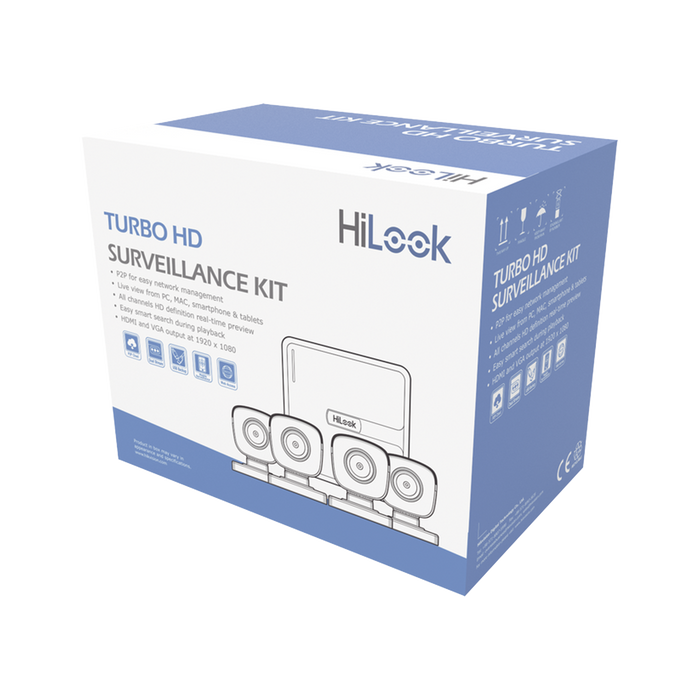Kit TurboHD 720p / DVR 4 canales / 4 Cámaras Bala de Metal / 4 Cables 18 Mts / H.265+ / 1 Fuente de Poder Profesional / Accesorios de Instalación