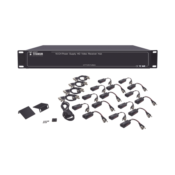 Kit de TRANSCEPTOR ACTIVO DE 16 Canales / VIDEO+PODER en un solo Cable UTP / 150m en 4K, 200m en 5 MP/ Envía 36 Vcc y recibe 12 Vcc / TODO INCLUIDO PARA RACK / Compatible con cámaras HD-TVI/CVI/AHD/CVBS / Instalación Limpia
