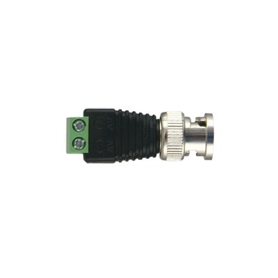 Adaptador de conector BNC macho a 2 terminales-tornillo para cables AWG-26-14, en aplicaciones Video Vigilancia, Níquel/ Oro/  PTFE y PVC.
