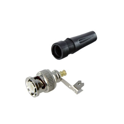 Conector BNC macho en 75 Ohm, para cable coaxial RG-59/ RG-6 con base de alivio negra de PVC, Níquel/ Oro/ PTFE.